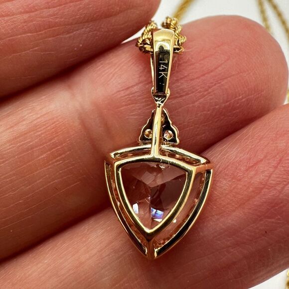 NWT 10mm trillion cut morganite w/ accent .18ct diamonds set in 14k YG necklace! - Picture 7 of 15
